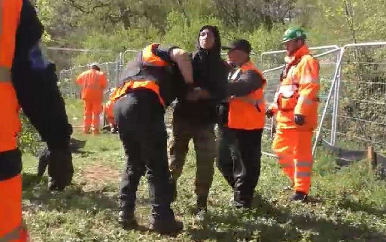 Cucierean being detained on another occasion, after an alleged breach of the anti-trespass injunction (HS2 Ltd/PA)