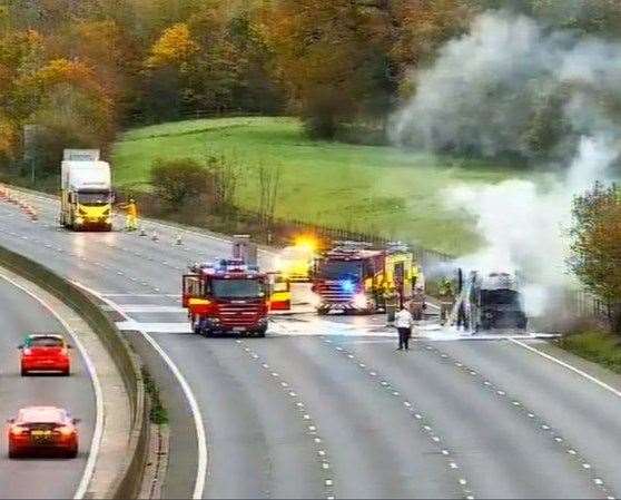 Fire crews fighting a van fire on the M25. Picture: National Highways