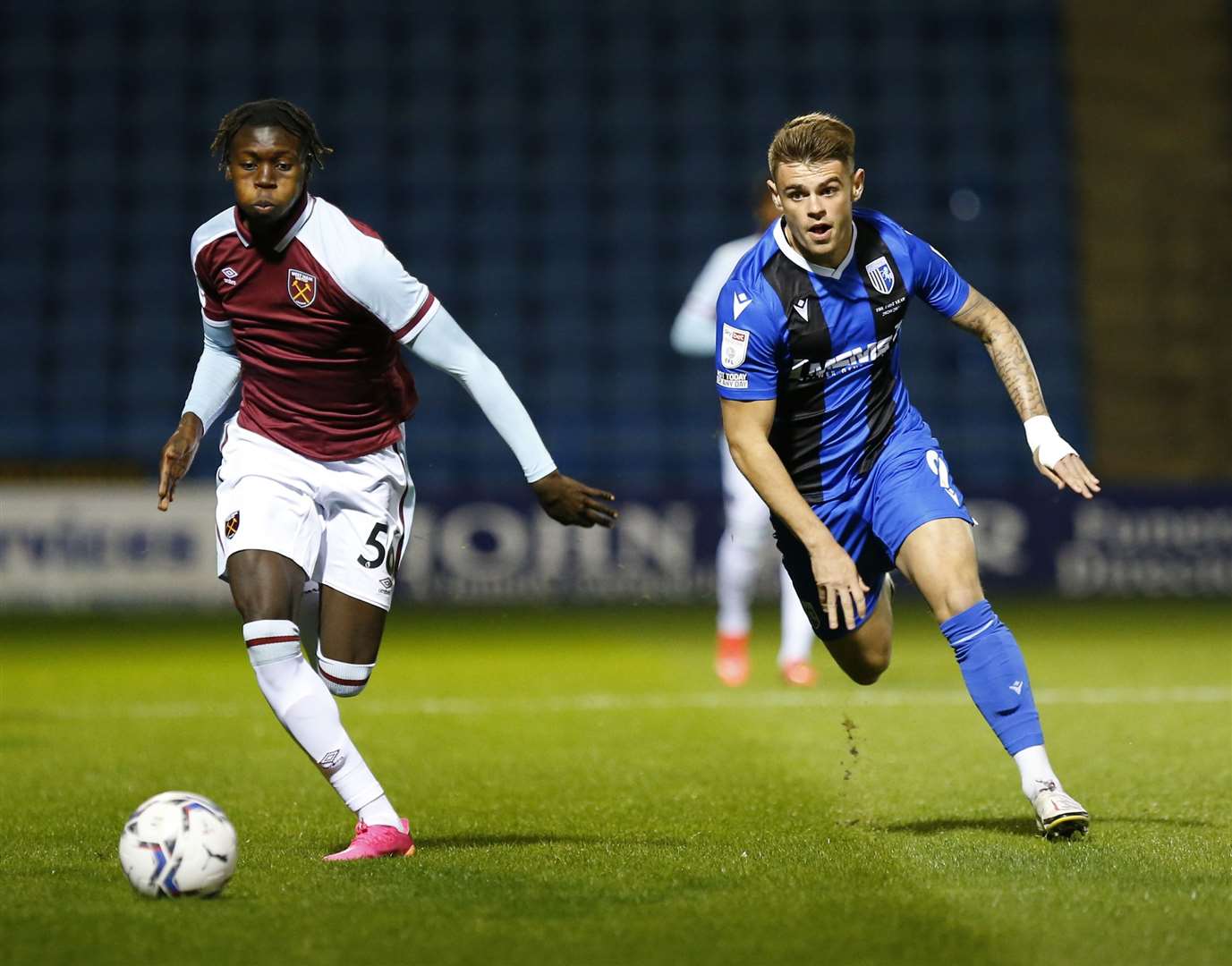 Charlie Kelman, right, was sent back to QPR after the Gills' Football League Trophy tie against West Ham under-21s Picture: Andy Jones