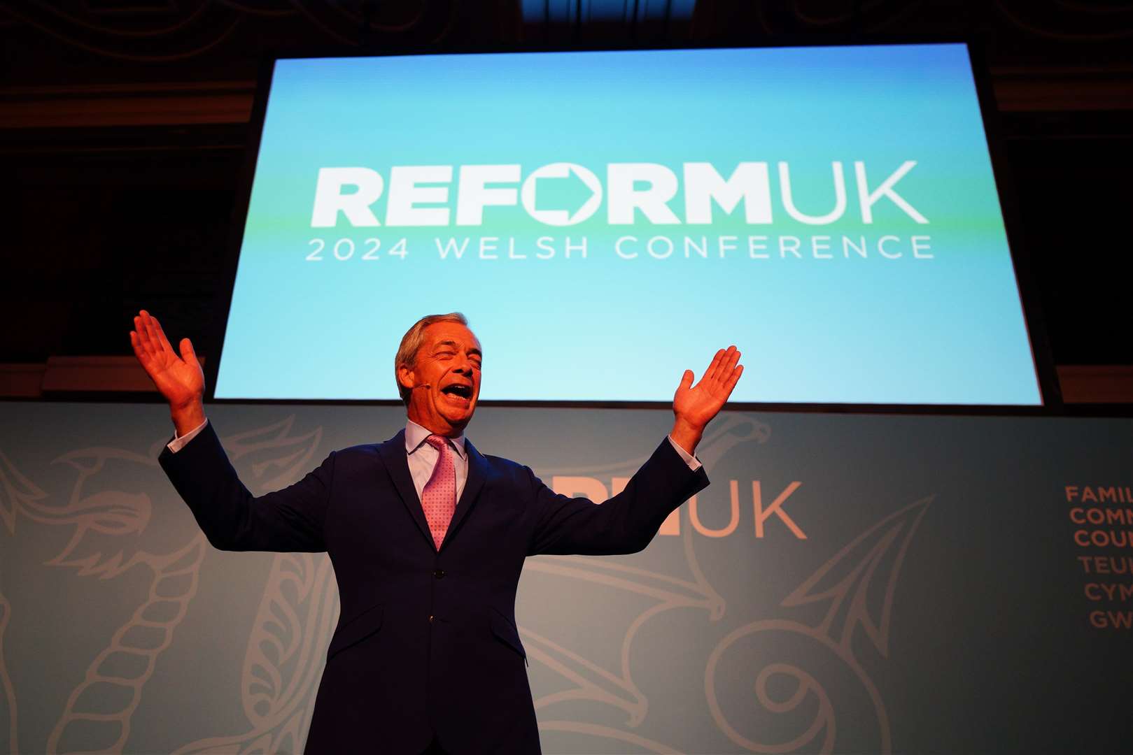 Leader of Reform UK Nigel Farage speaking at the Reform UK Welsh Conference at the Celtic Manor hotel in Newport. (Ben Birchall/PA)