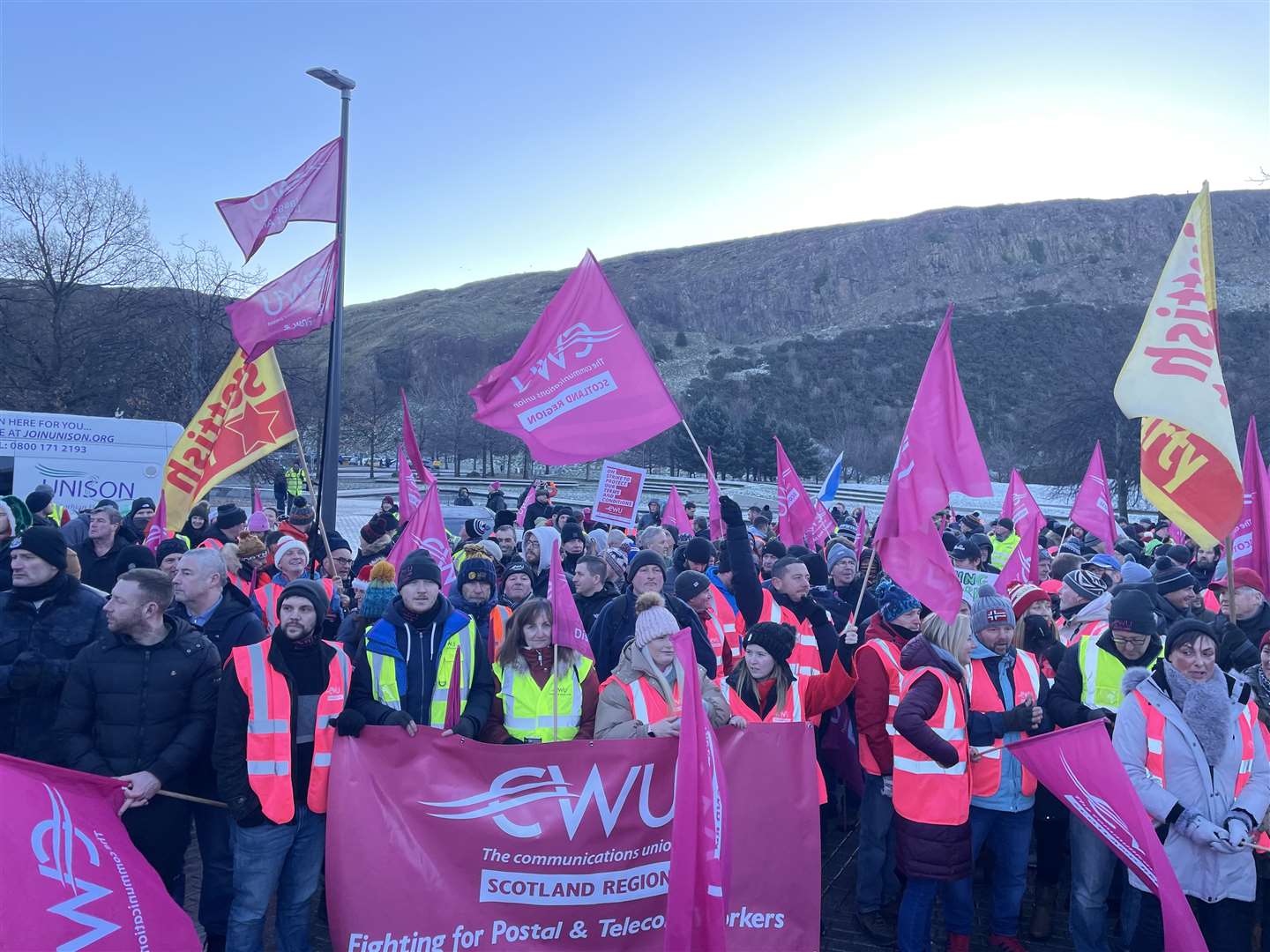 Members of the CWU protesting outside the Scottish Parliament building (Katharine Hay/PA)