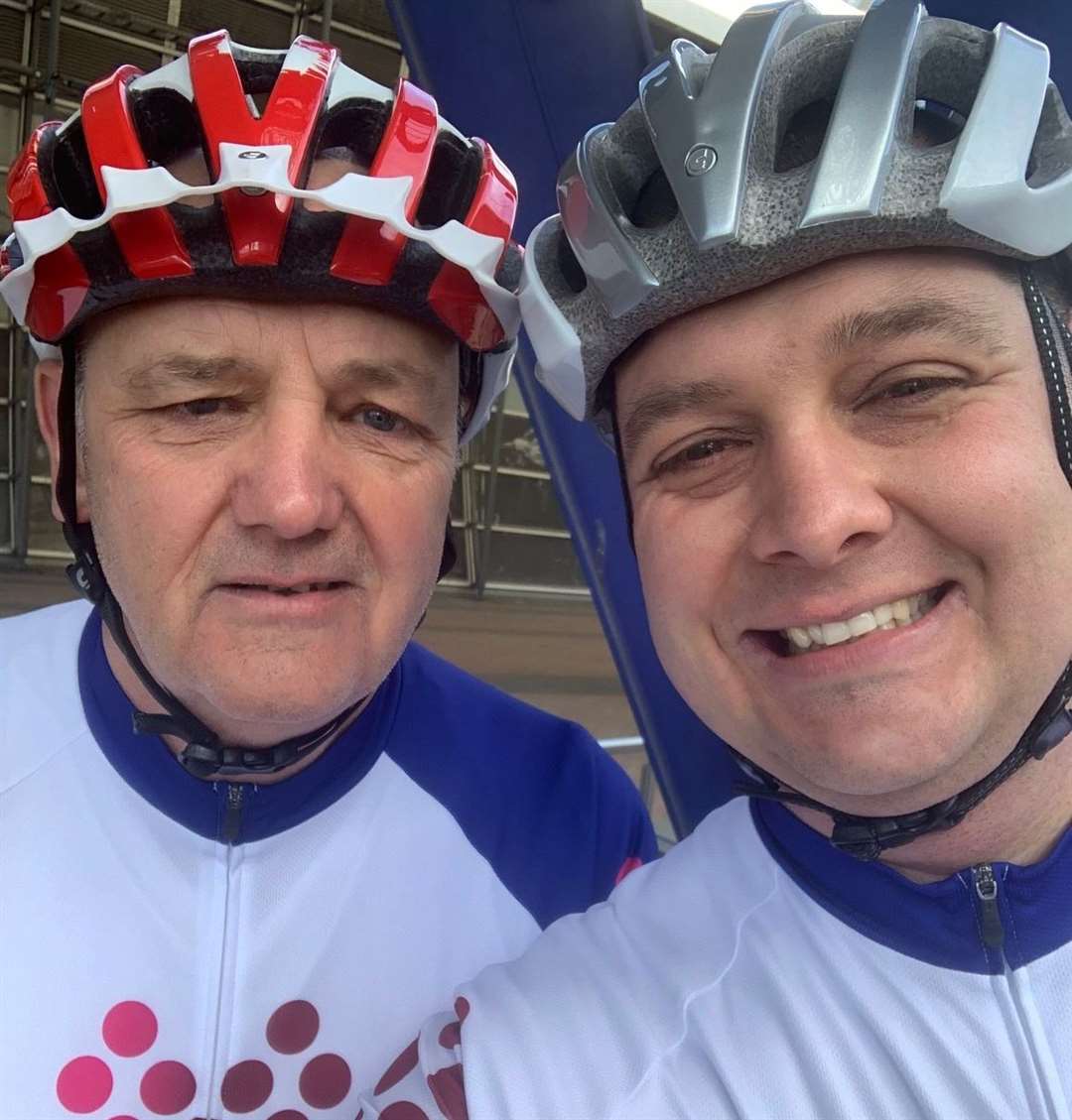 Andrew Unwin and dad Derek before setting off on their 35 mile bike ride challenge from Darent Valley Hospital