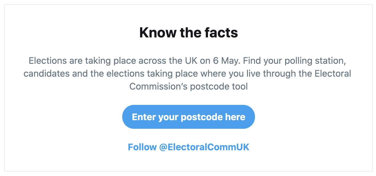 The prompt will direct people to official information from the Electoral Commission (Twitter)