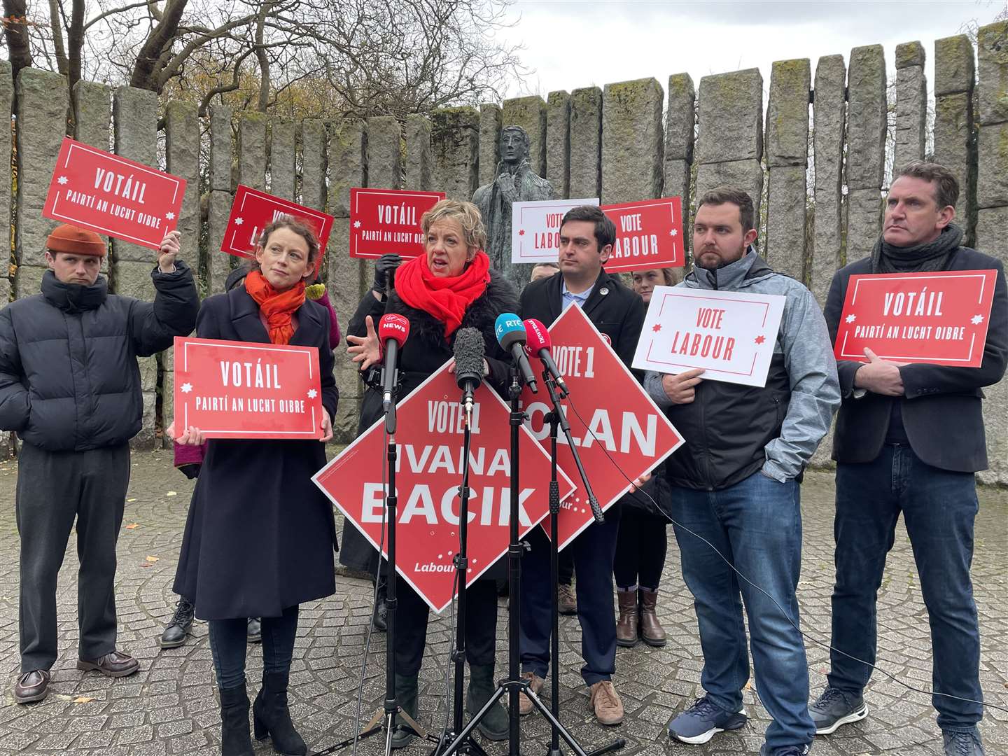 Labour leader Ivana Bacik with supporters at St Stephen’s Green, Dublin (Grainne Ni Aodha/PA)