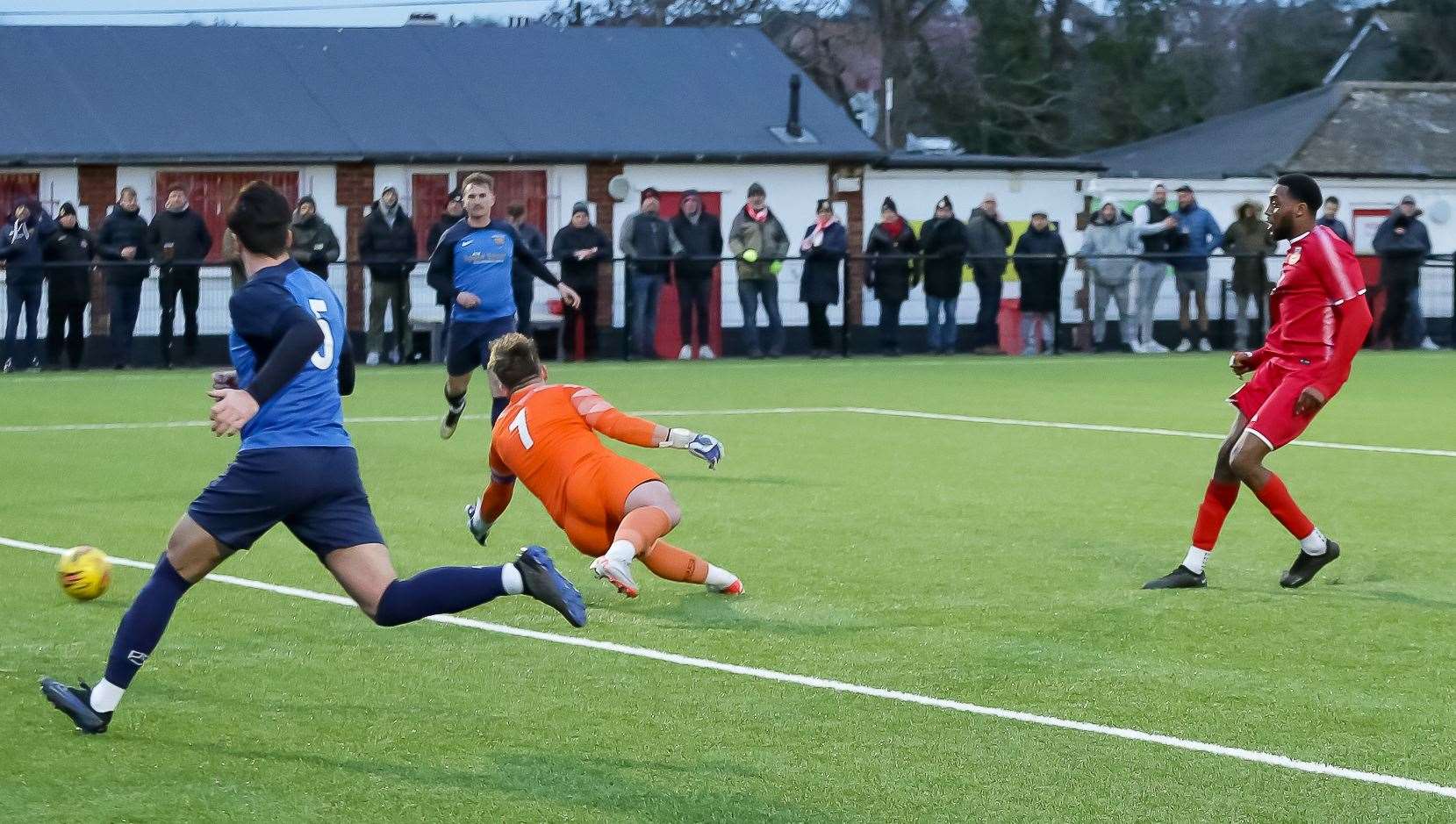 Emmanuel Oloyede equalises in normal time for Whitstable. Picture: Les Biggs