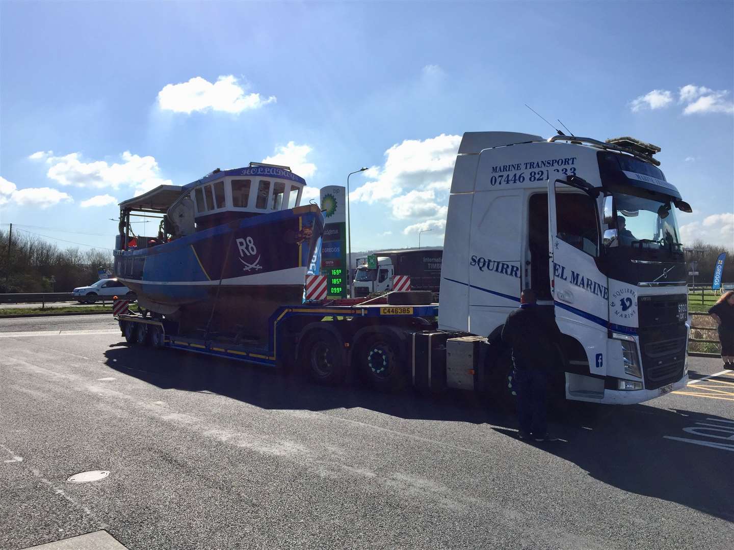 Fisherman Chris Attenborough summoned the help of a boat transporter on Friday to take his boat, called Holladays, to a local BP petrol station in protest at high red diesel prices