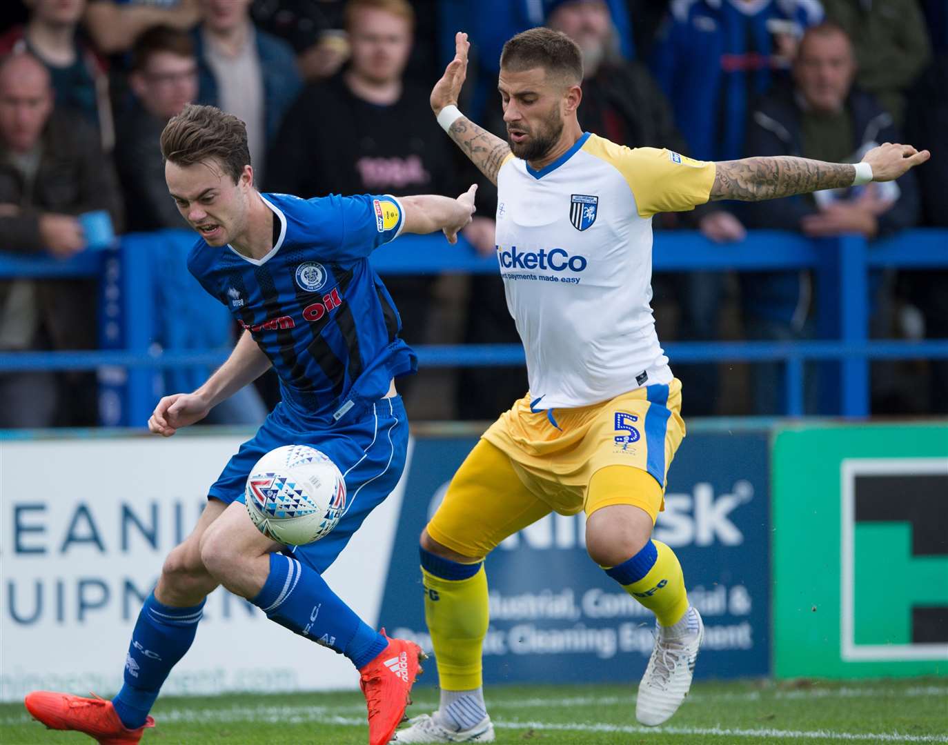 Max Ehmer challenges with Rochdale's Matthew Gillam back in September. The two sides meet at Priestfield this weekend Picture: Ady Kerry