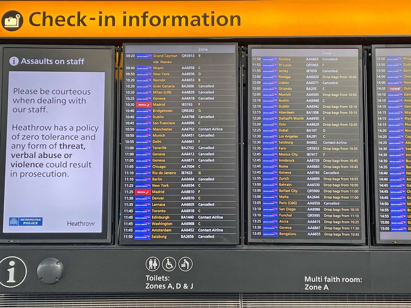 A check in information board at Heathrow Airport T5 (Jonathan Brady/PA)