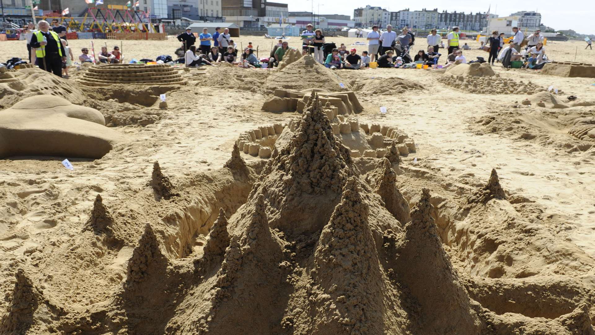 Sandcastle building on Margate beach.