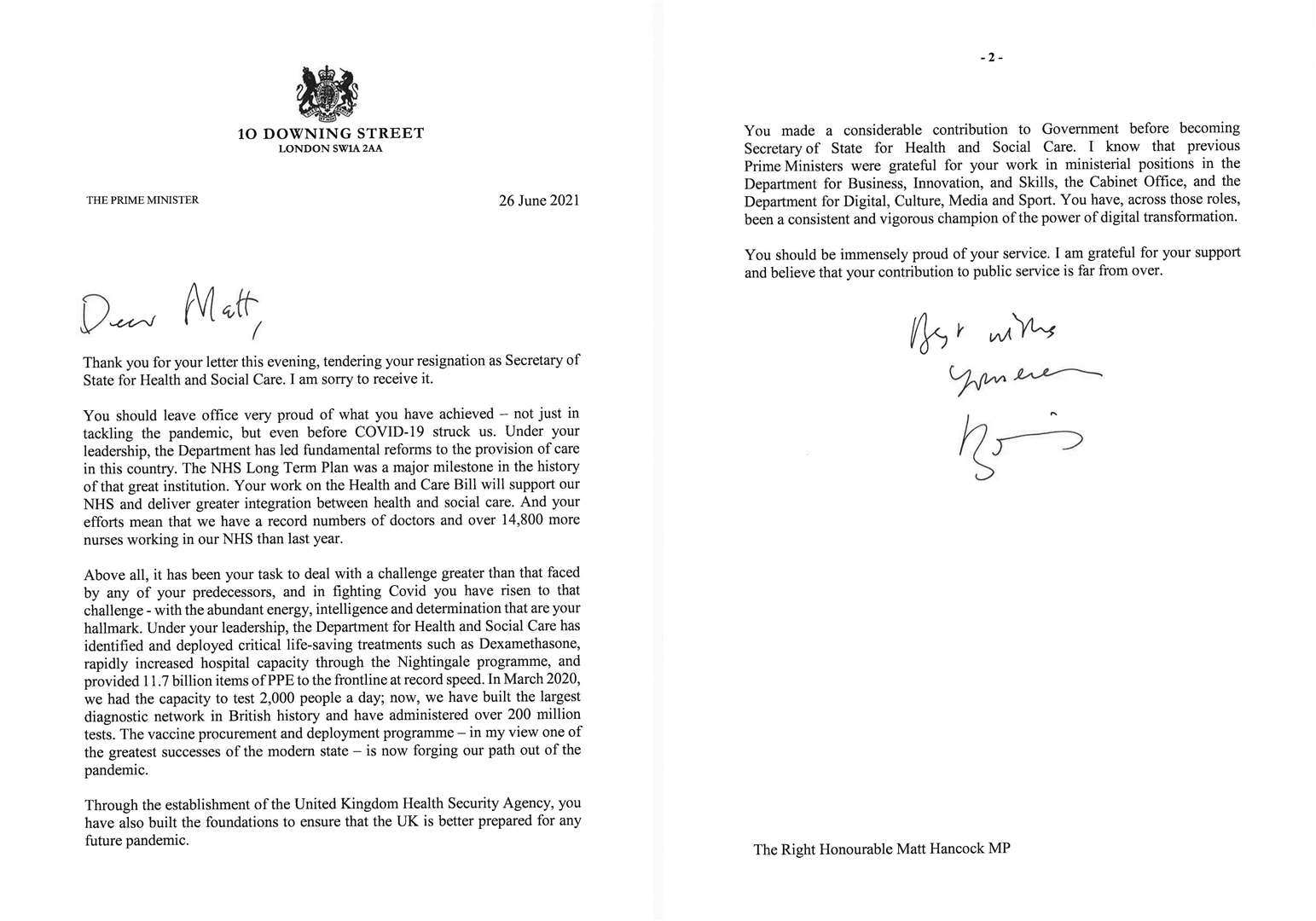 Boris Johnson’s response to Health Secretary Matt Hancock’s letter (10 Downing Street)