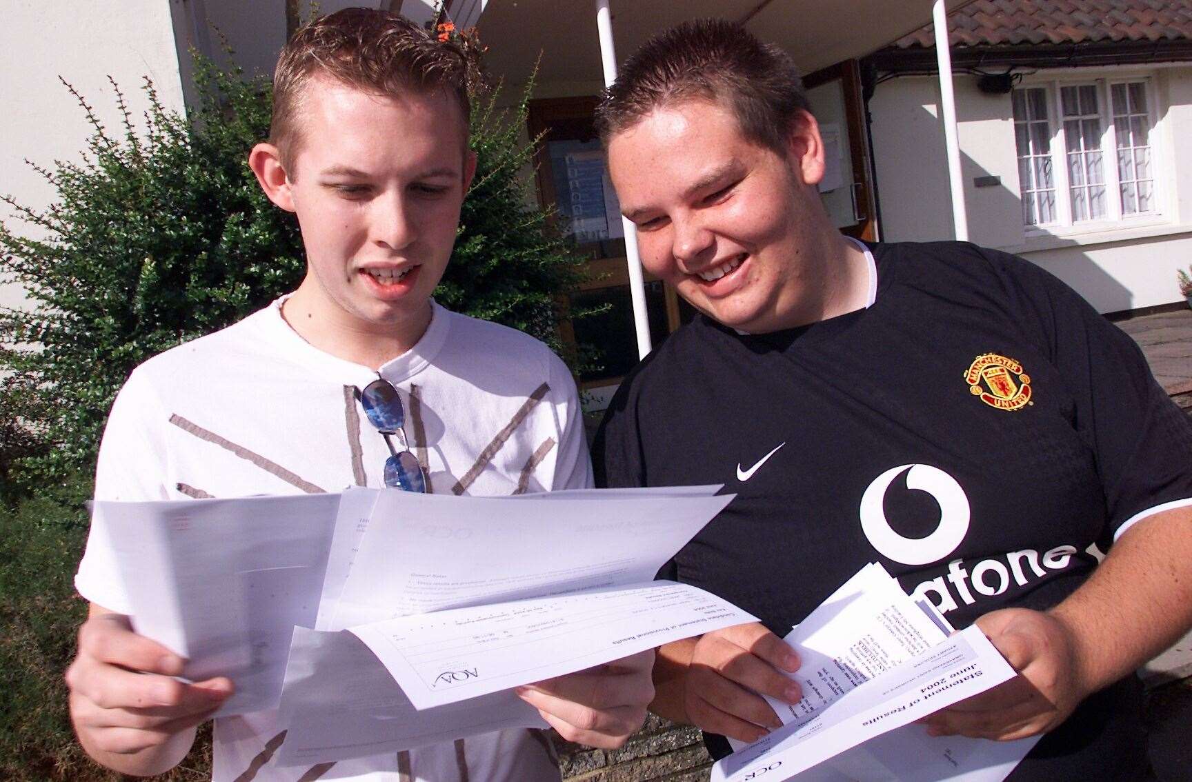 Marc Dockrell (left) and Stuart Shulver (right) compare their A-level results at St. George's School in Gravesend. Picture: Richard Eaton