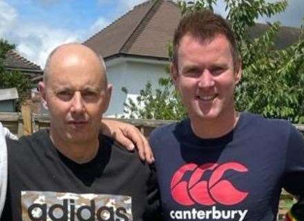 Referee Chris Bright with Ian Clark, the man he saved after performing CPR on him during a game of football at Sevenoaks Town FC