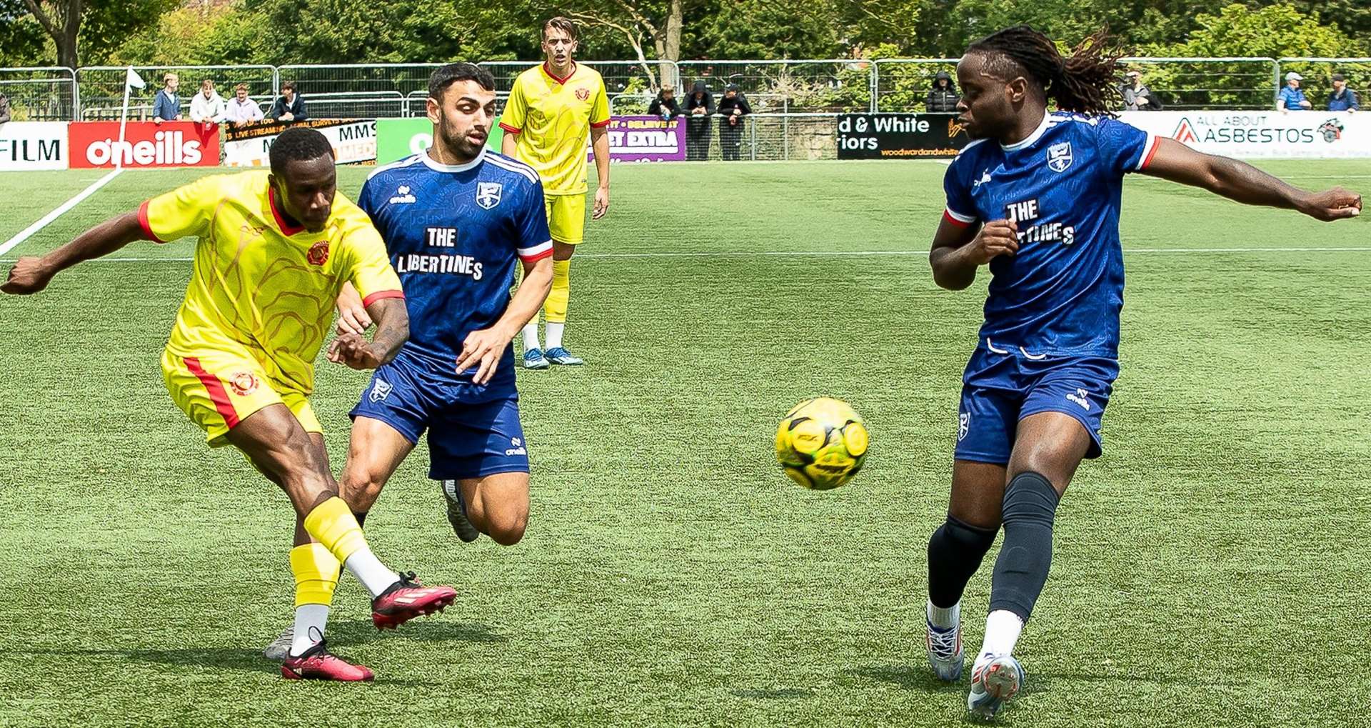 Whitstable, yellow, test the Margate defence but were second best last Saturday, losing 3-0. Picture: Les Biggs