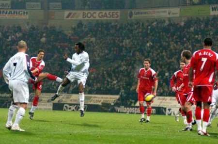 Talal El Karkouri fires Charlton level after 13 minutes. Picture: MATT WALKER