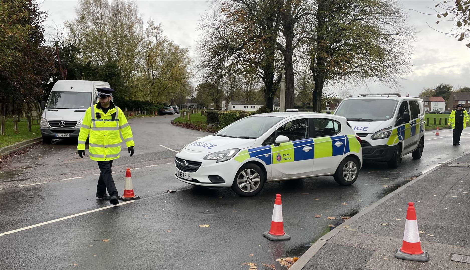 Police at the scene after a man died in Meopham after he and another man were stabbed at the Cricketers pub