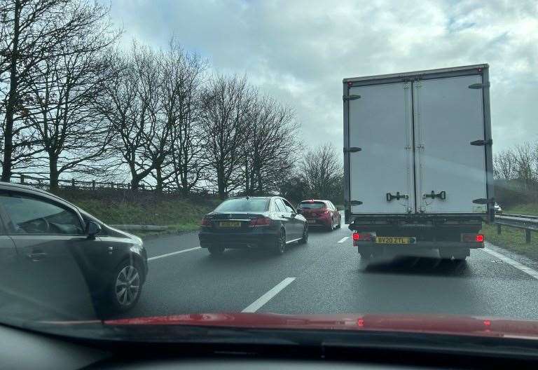 Traffic on M2 coastbound between J5 Sittingbourne and J6 Faversham due ...