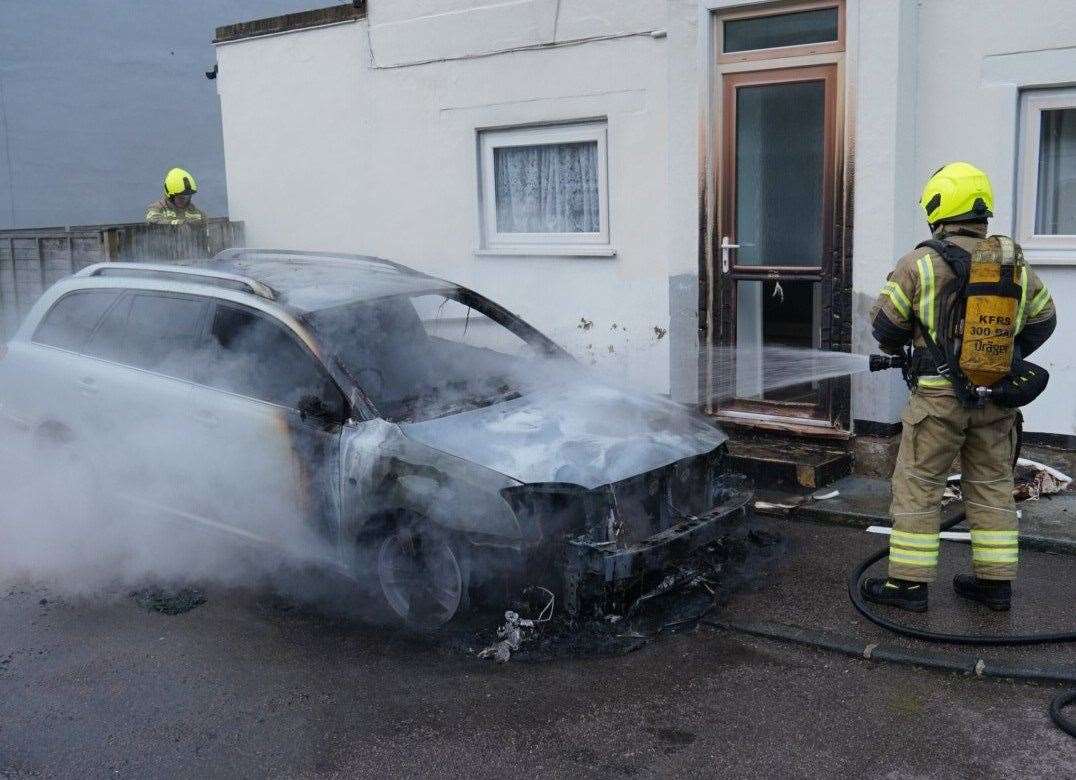 One car was engulfed in flames near Grange Road, Ramsgate, this morning. Picture: @_EdThompson