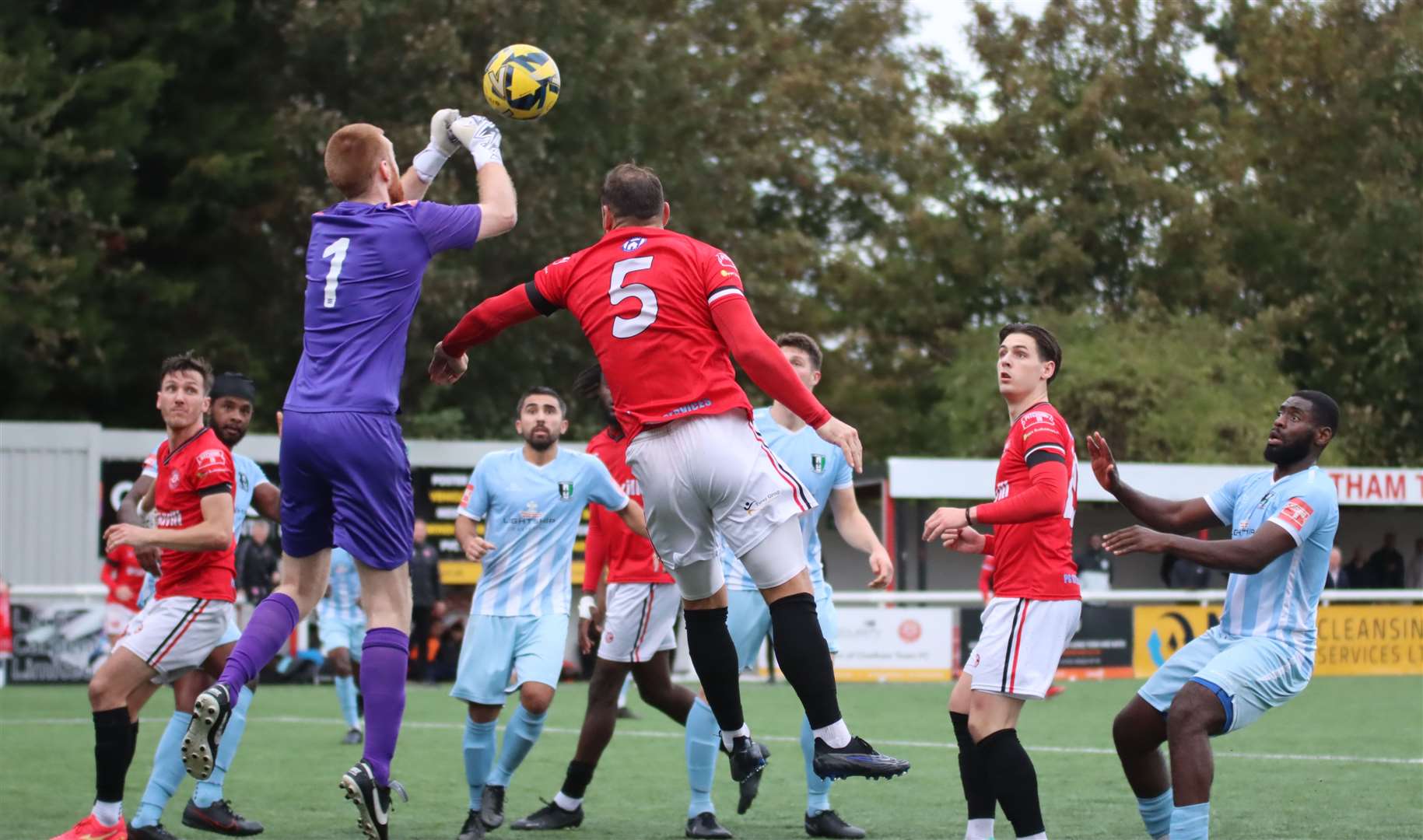 Chatham’s Reece Butler puts Cray Valley keeper Max Ovenden under pressure in Saturday’s FA Trophy tie Picture: Max English @max_ePhotos