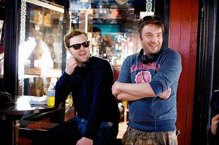 Inbetweeners co-creators and writers Iain Morris, left, and Damon Beesley, on set of the movie in Malia, Greece