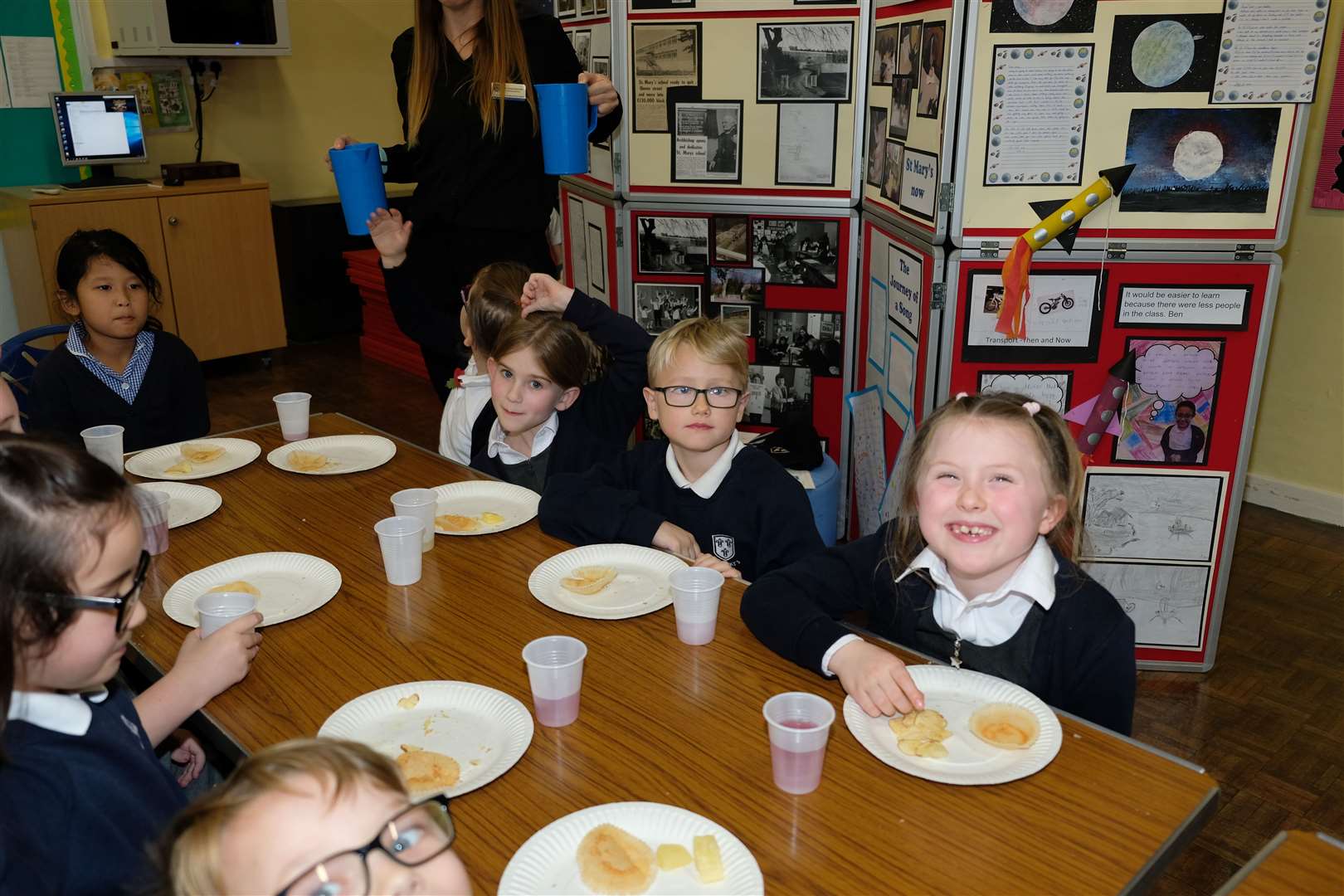 Children with their Sixties displays, including one reflecting man on the moon. Picture: St Mary's C of E Primary School, Dover