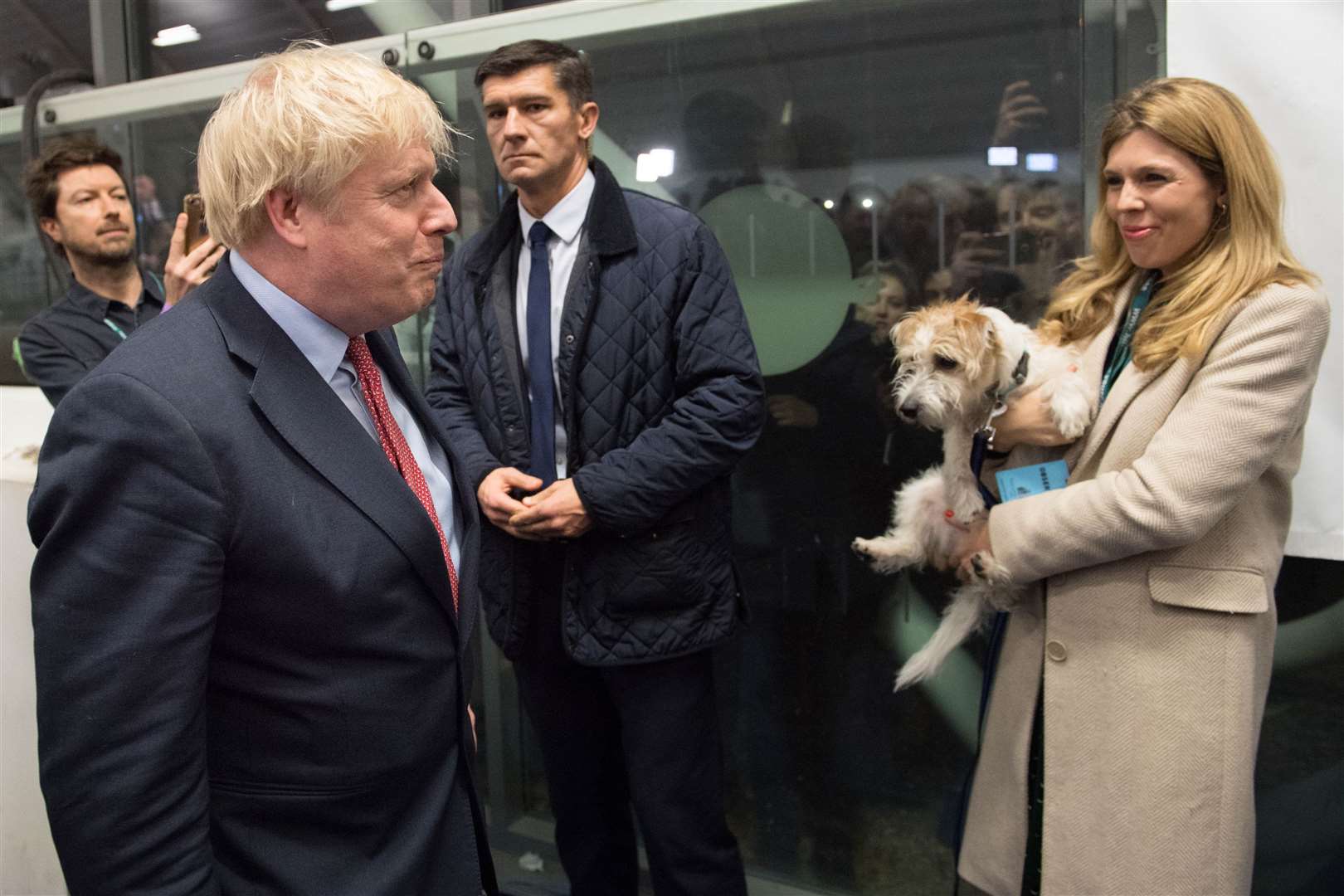 With partner Carrie Symonds and dog Dilyn at the count for his Uxbridge & Ruislip South constituency (Stefan Rousseau/PA)