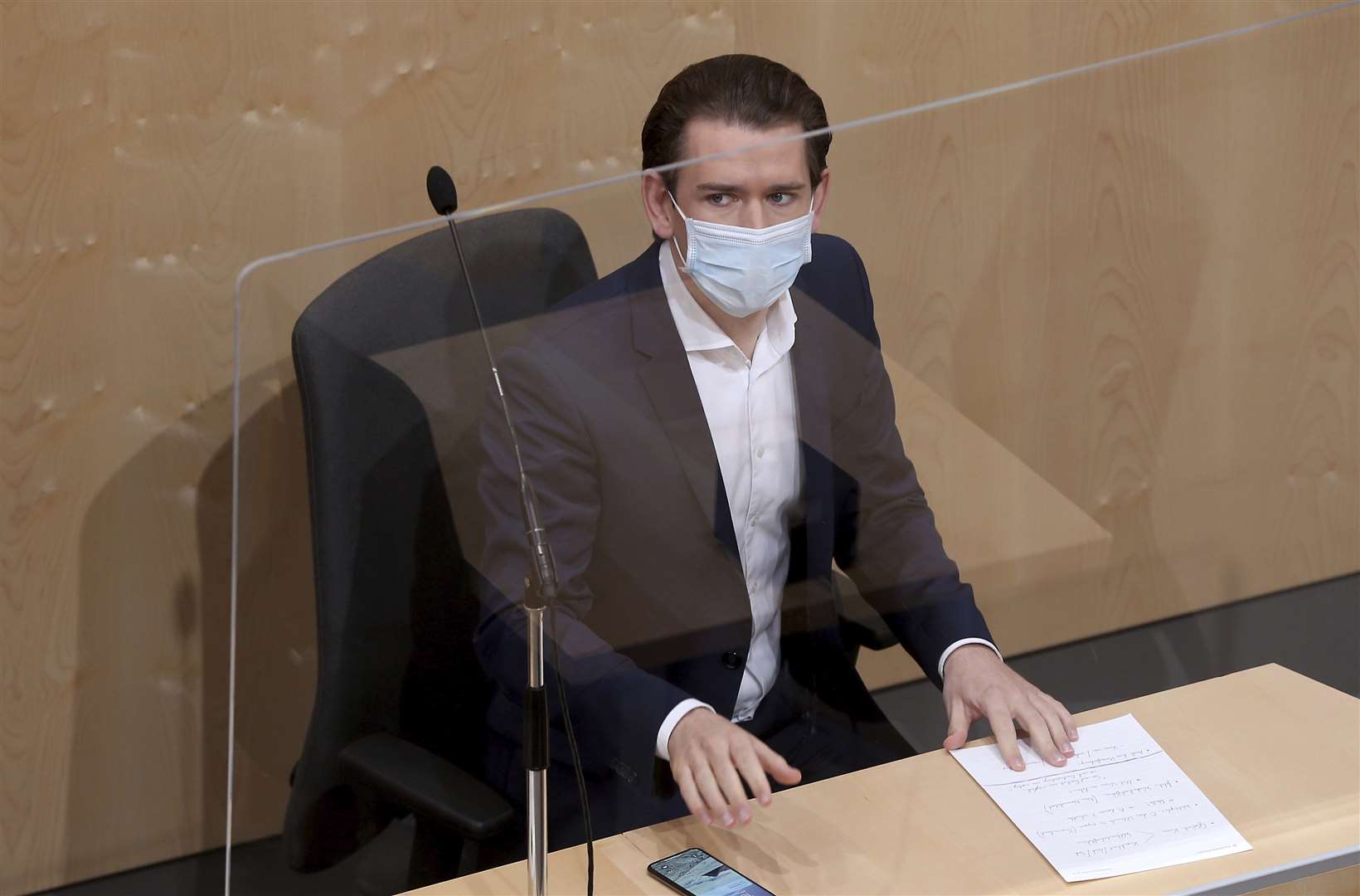 Chancellor Sebastian Kurz wears a protective mask (Ronald Zak/AP)