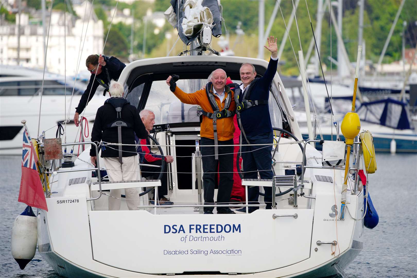 Sir Ed also joined Mr Darling on board the Disabled Sailing Association boat DS Freedom during a visit to Torquay Harbour (Ben Birchall/PA)