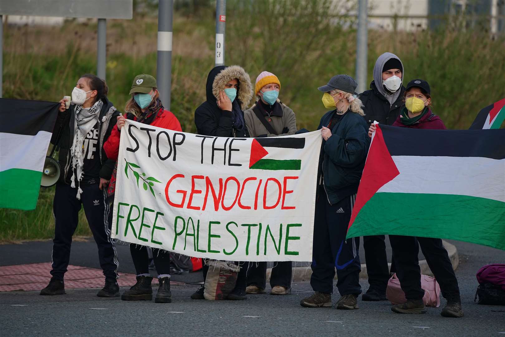 Protesters form a blockade outside weapons manufacturer BAE Systems in Samlesbury, Lancashire (Peter Byrne/PA)