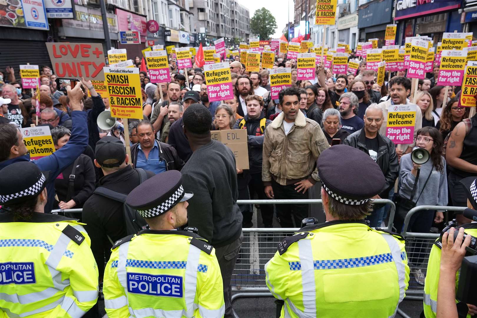 Anti-racism protesters gathered in Walthamstow, east London, after unrest involving far-right groups broke out across the UK following the fatal stabbings in Southport (PA)