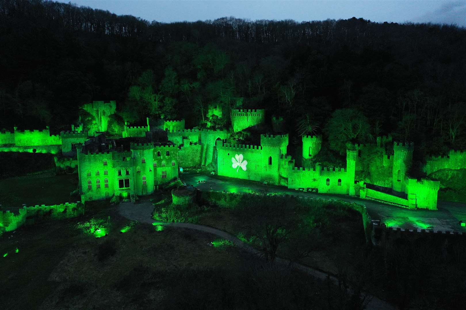 Gwrych Castle in Abergele, North Wales joined Tourism Ireland’s Global Greenings campaign to mark St Patrick’s Day (Richard McCarthy/PA)