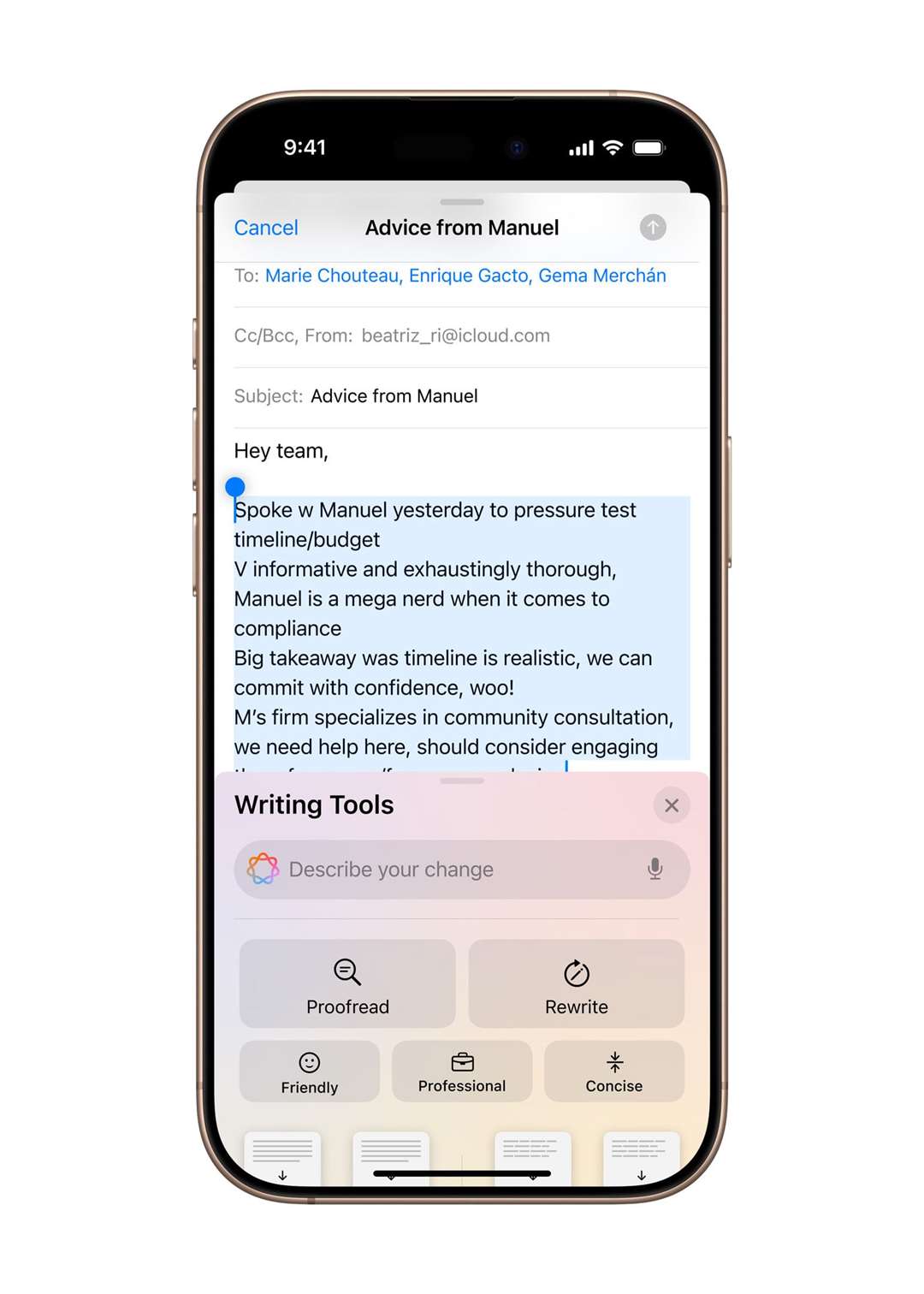 Apple Intelligence can help users rewrite any notes or emails in a range of styles. (Apple)