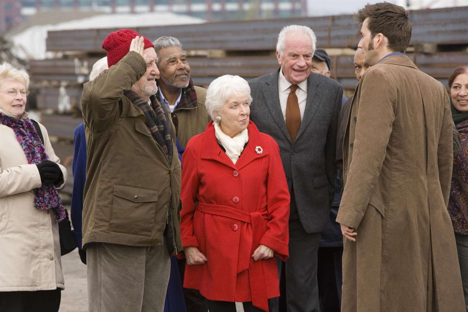 Bernard Cribbins with fellow Doctor Who cast June Whitfield, Barry Howard and David Tennant in a scene from Doctor Who The End of Time, Part One (Adrian Rogers/BBC)