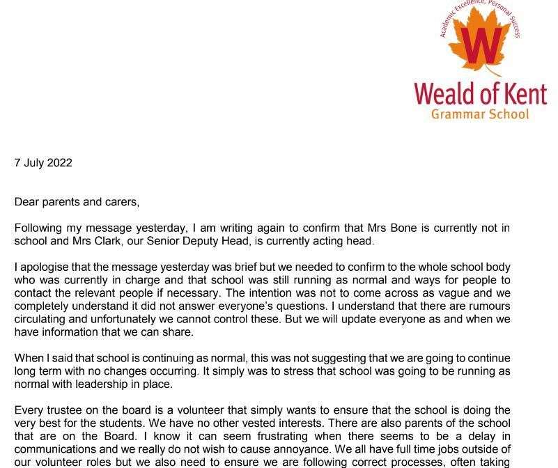 The letter sent out to parents in July from Antonia Rubin, chair of trustees