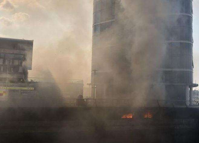 The fire at Pier 5 which could be seen from the nearby Chatham Dockside centre