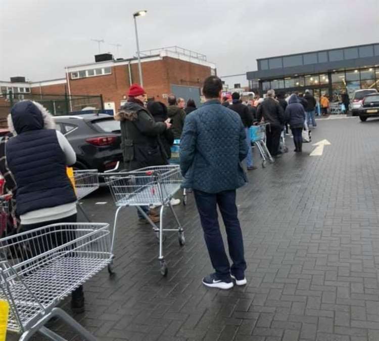 Panic buying had lead to queues like this outside Aldi in Strood last weekend.