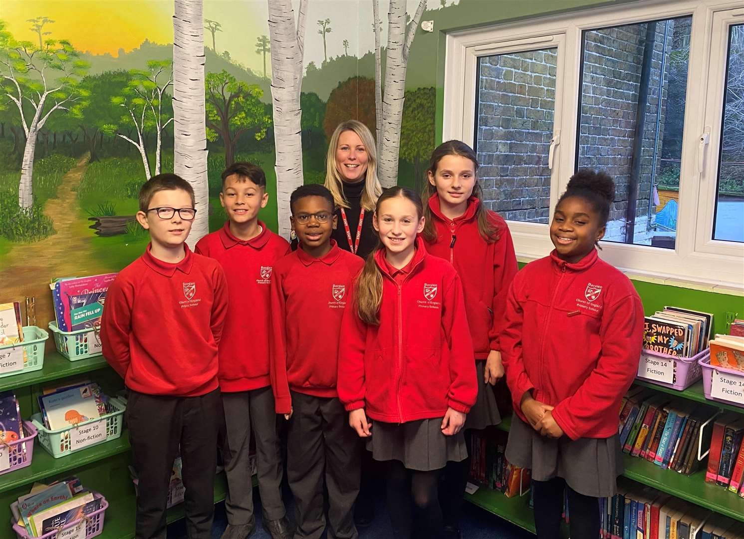 Headteacher Georgie Ingram with pupils at the Sittingbourne primary school. Picture: Borden CE Primary School