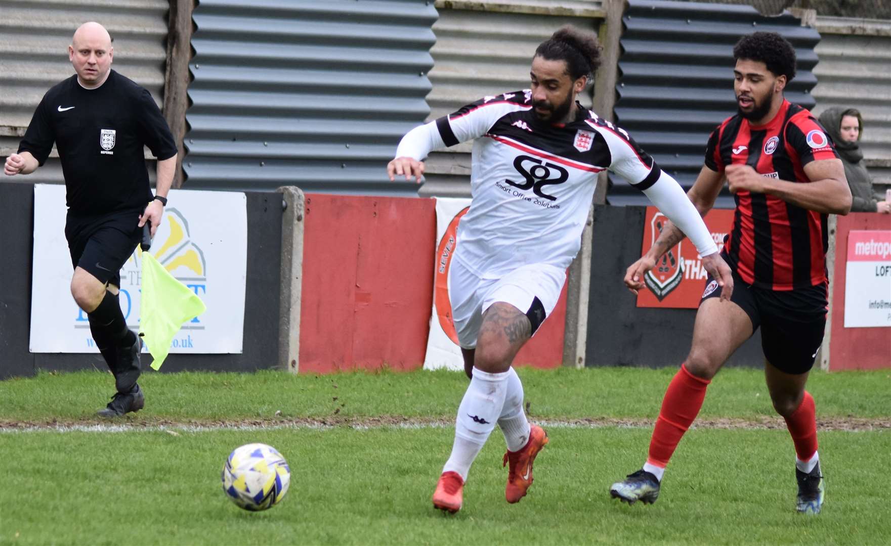 Stefan Payne charges forward for Faversham at Erith Town. Picture: Alan Coomes