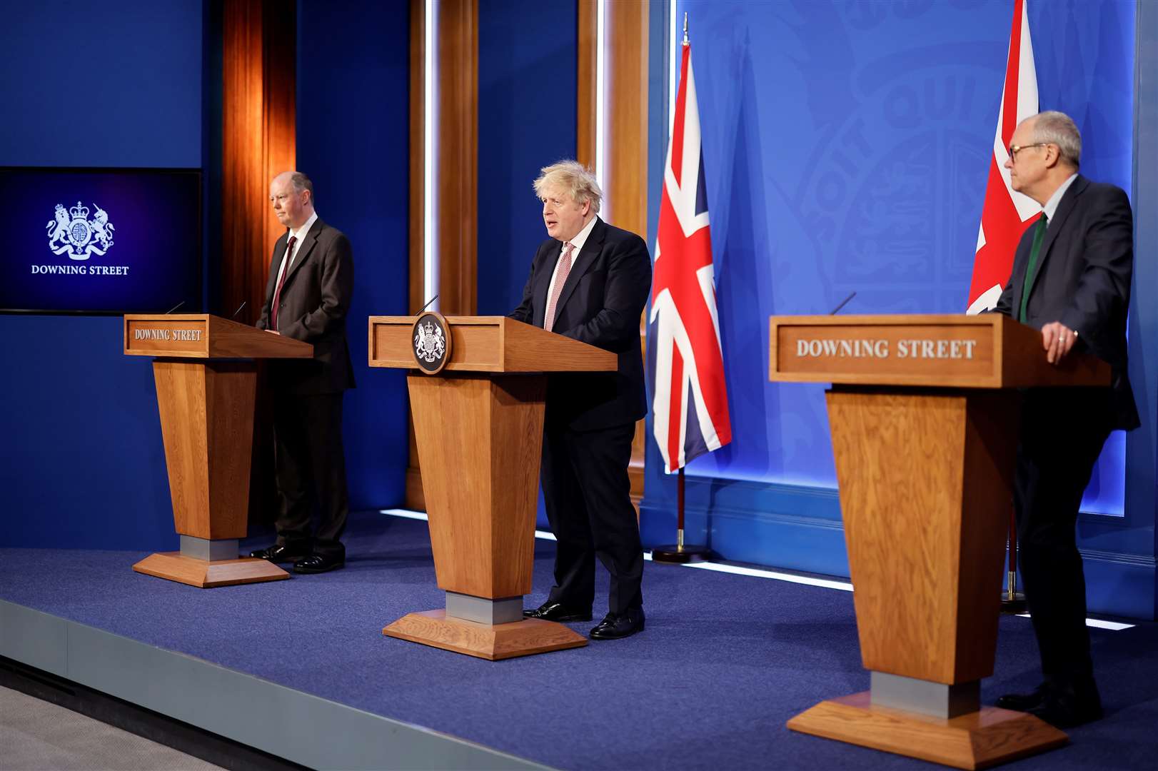 Chief medical officer for England, Professor Sir Chris Whitty, Prime Minister Boris Johnson and chief scientific adviser Sir Patrick Vallance during a media briefing in Downing Street (Tolga Akmen/PA)