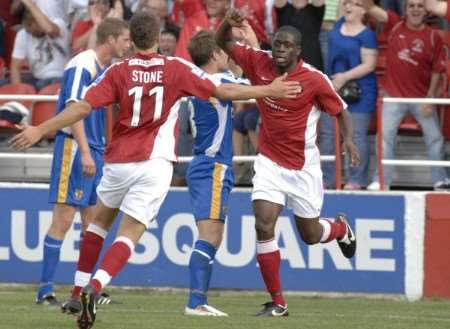 John Akinde celebrates his goal against Stevenage last Saturday - could it be his last for the club? Picture: Grant Falvey