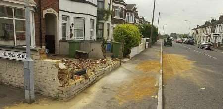 The wrecked wall after the crash. Picture: BARRY CRAYFORD