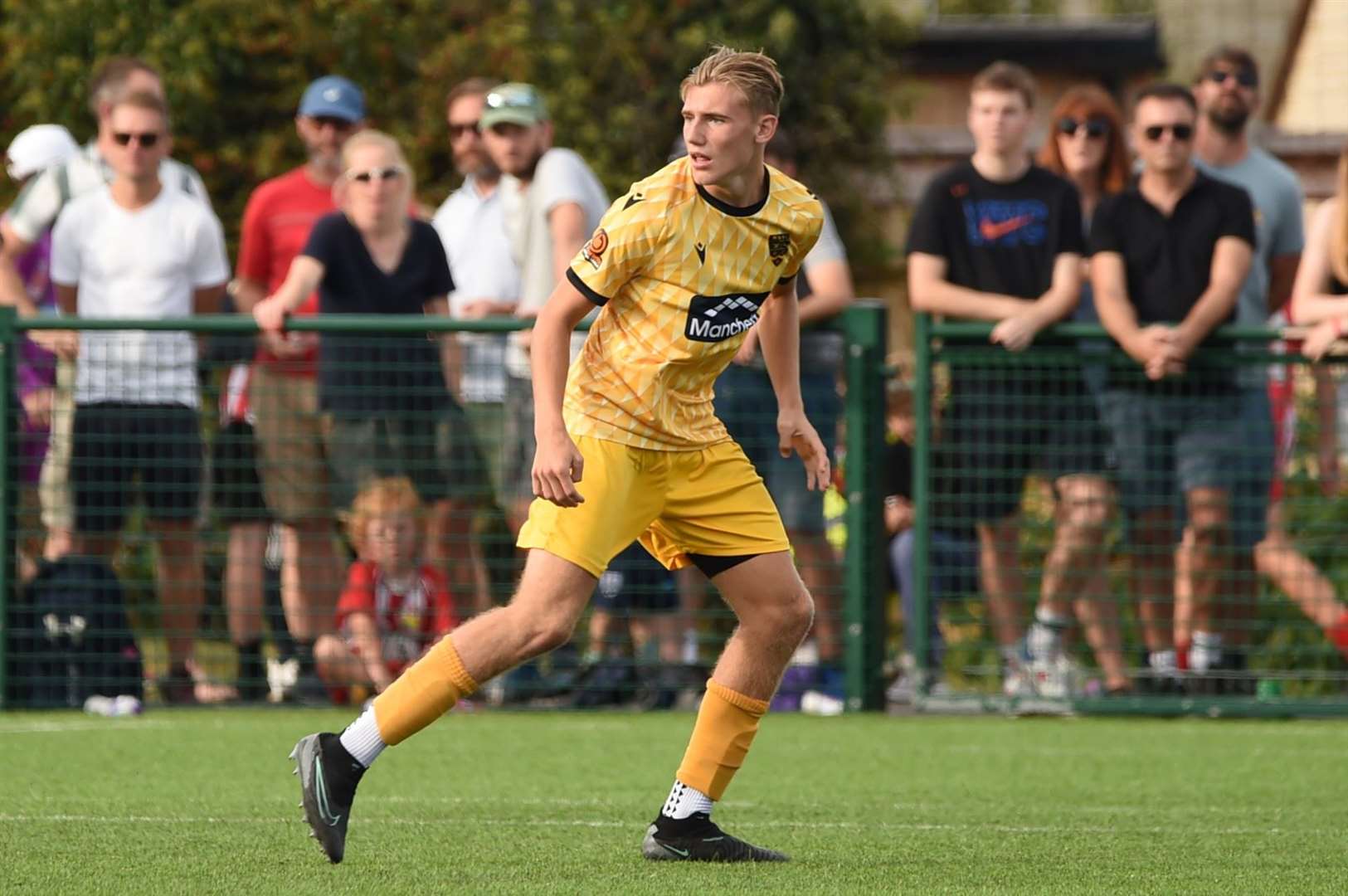 Tyler Hatton in action on his Maidstone debut at Steyning Town. Picture: Steve Terrell