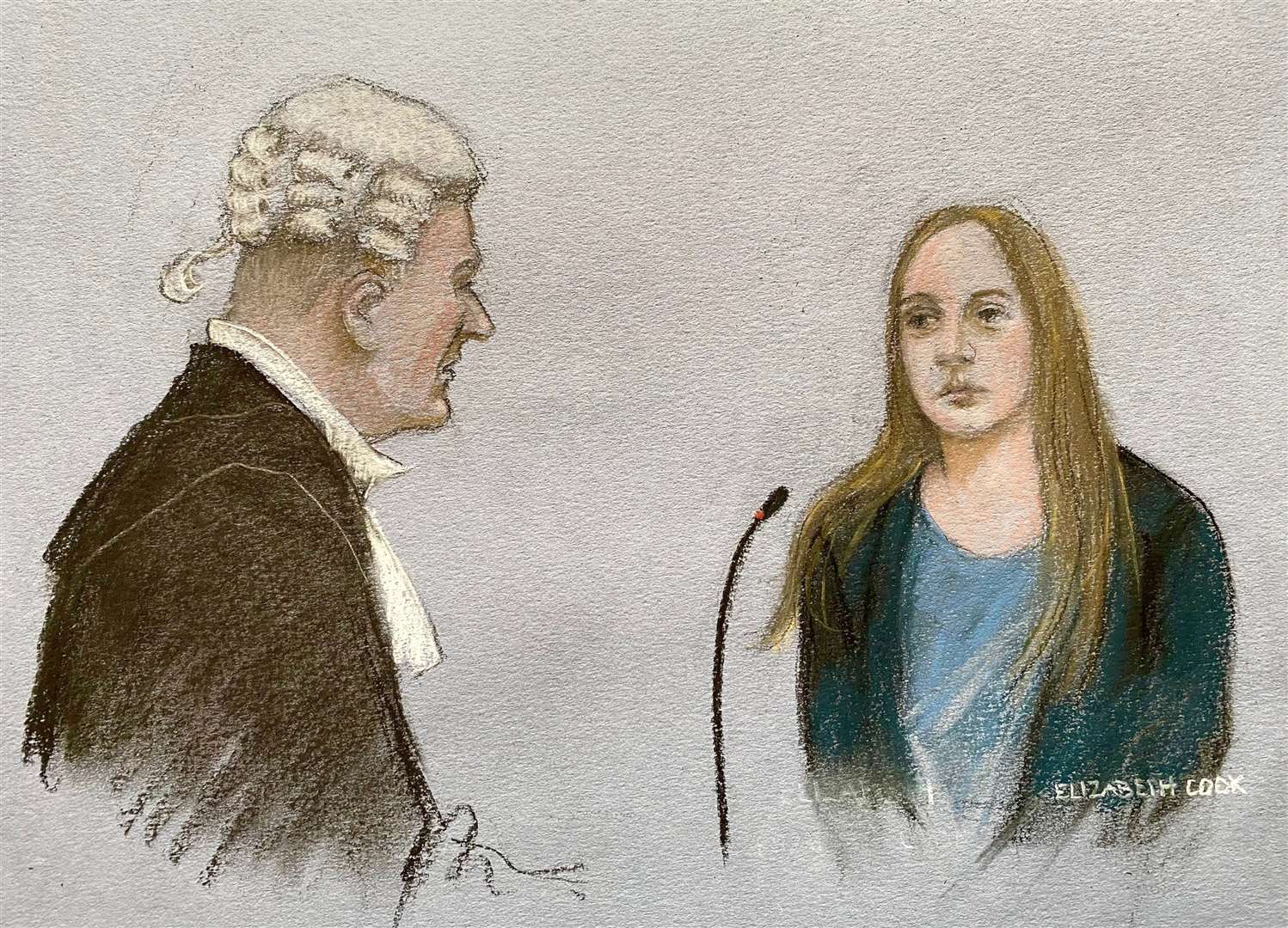 Court artist drawing by Elizabeth Cook of prosecutor Nick Johnson KC cross-examining Lucy Letby during her trial at Manchester Crown Court (Elizabeth Cook/PA)
