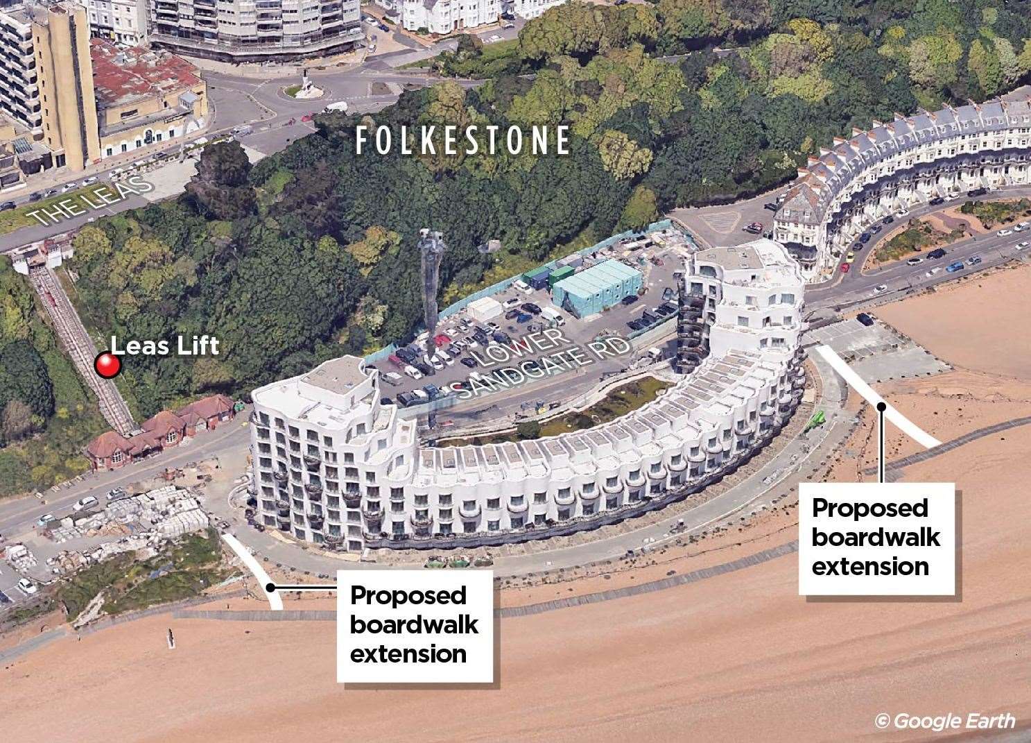 The proposal for two new sections to the Folkestone boardwalk will be to the east and west of the Shoreline development