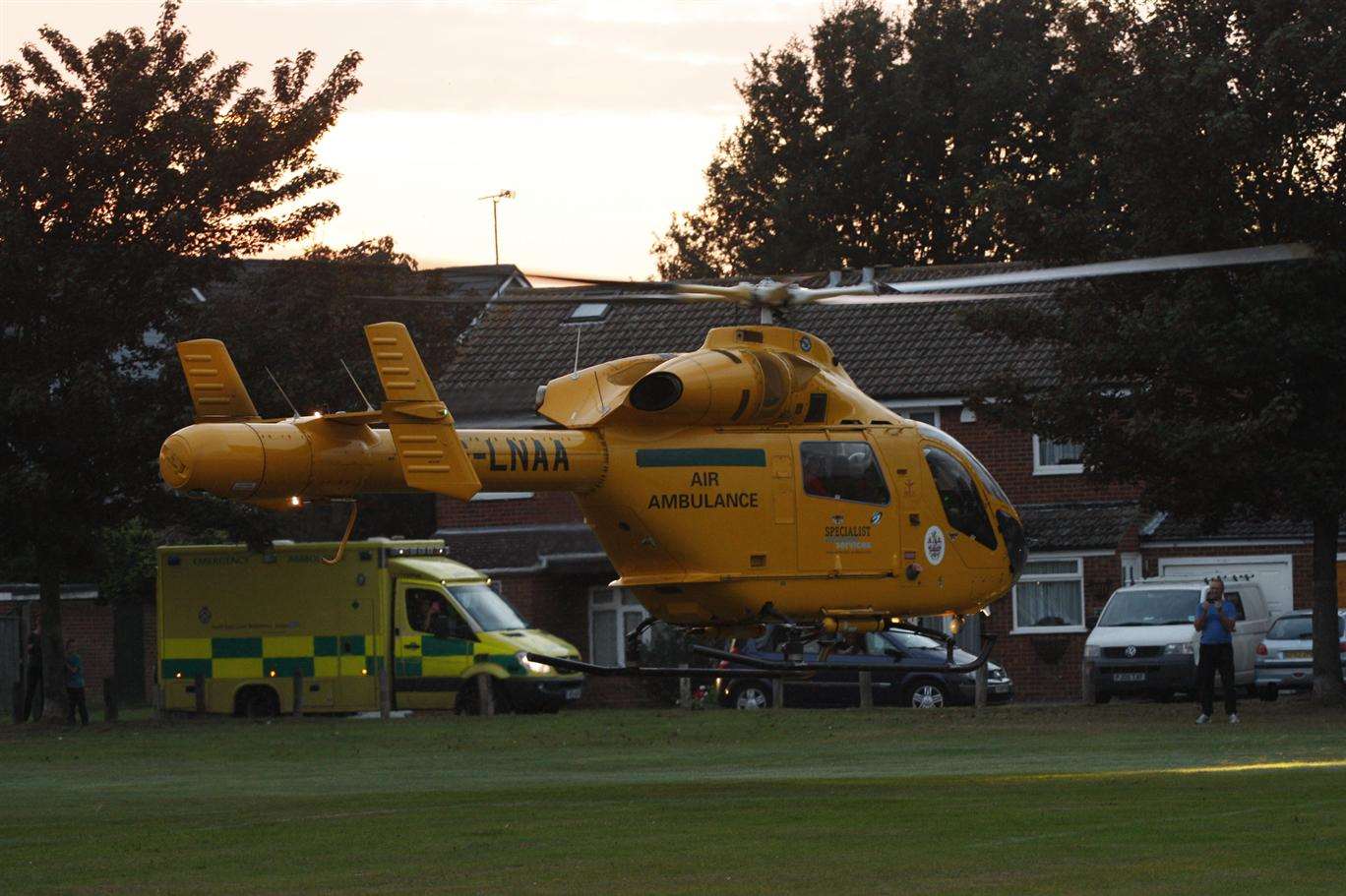 The air ambulance landing on Milton recreation ground