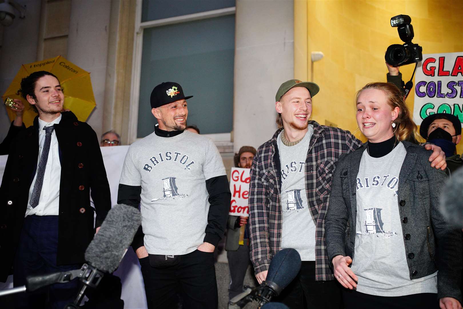 (left to right) Sage Willoughby, Jake Skuse, Milo Ponsford and Rhian Graham outside Bristol Crown Court following their acquittal (Ben Birchall/PA)