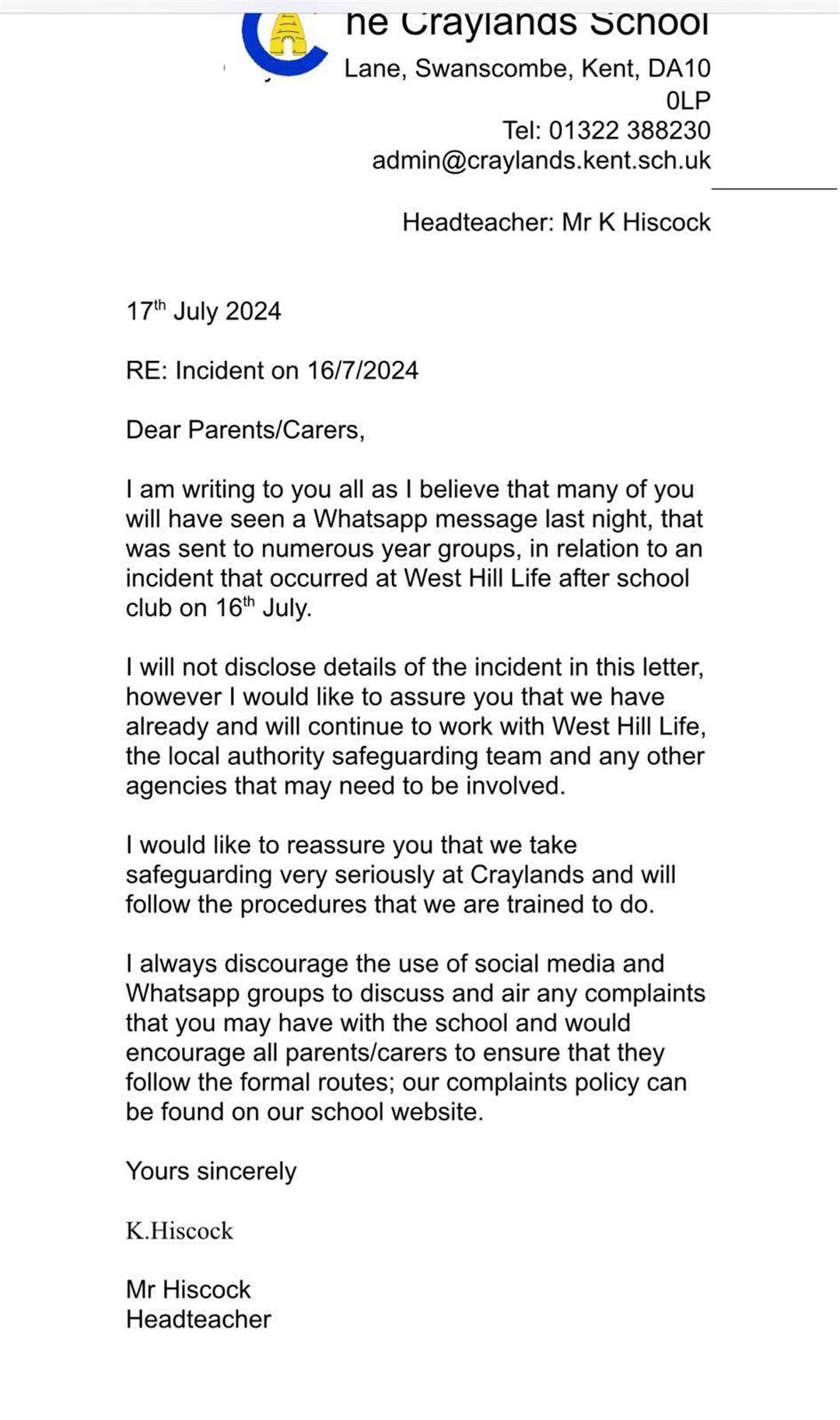 The headteacher's letter sent home to parents from Craylands School in full