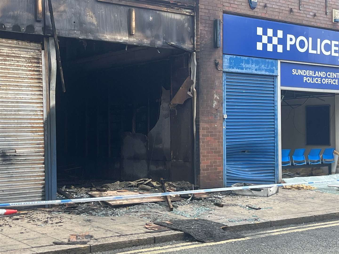 A fire-damaged Citizen’s Advice Bureau office in Sunderland following protests in the city (Tom Wilkinson/PA)