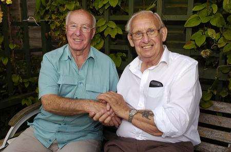 Bernard Crowhurst (in green) and George Baker who haven't seen each other since 1954.