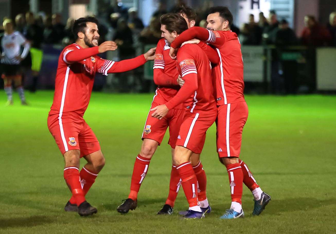 Whitstable celebrate Matt Gething's goal during their 2-1 loss at Deal on Tuesday. Picture: Les Biggs