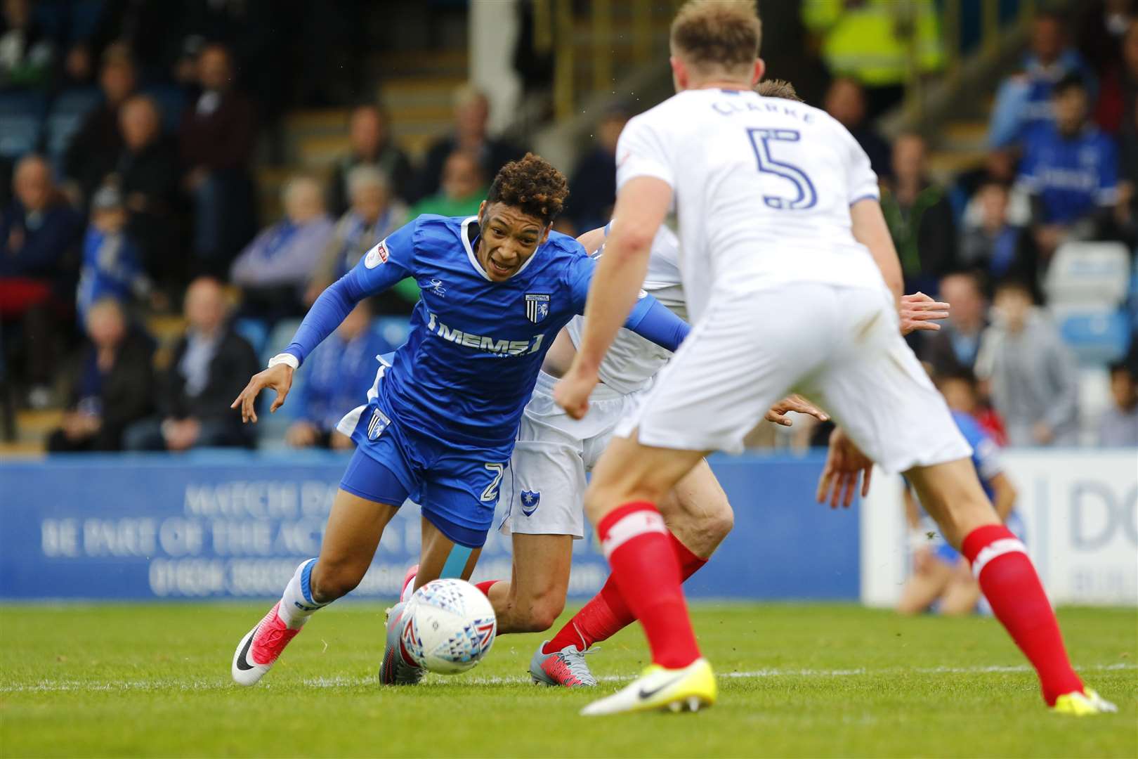 Sean Clare goes down in the box when the Gills hosted Portsmouth last season but referee Christopher Sarginson wasn't interested Picture: Andy Jones